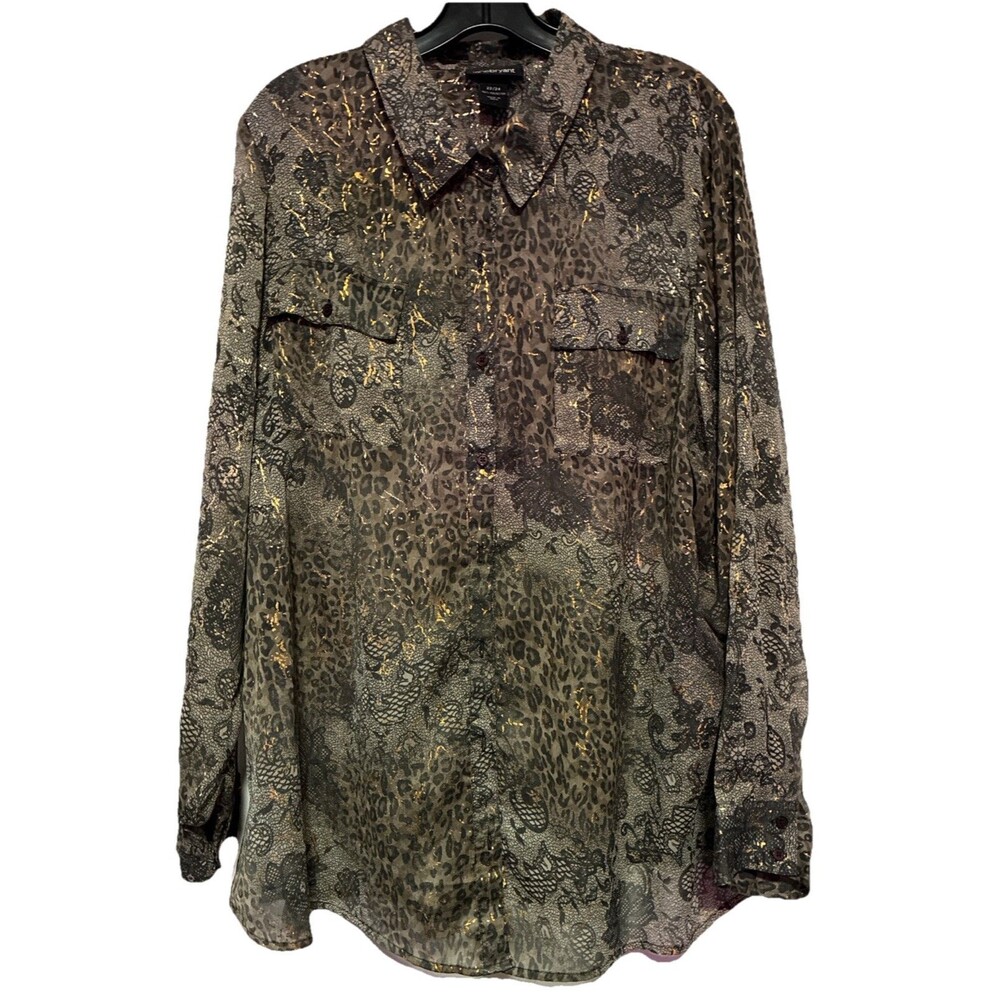 Lane Bryant Top Blouse Shirt Animal Print Button Up Long Sleeve Tan Gold Plus 24